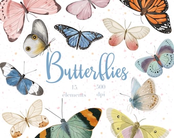 Watercolor Butterflies Clipart, Butterfly Illustration, Planner and Sticker PNG, Botanical Clipart