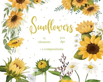 Watercolor Sunflower Clipart: Floral Bouquet PNG, Greenery Clipart, Wedding Arrangements (Digital Download)