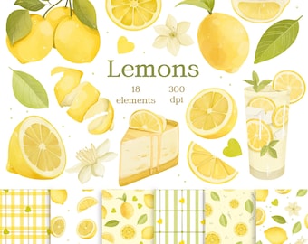 Lemon Watercolor Clipart Set, Summer Fruit PNG, Hand Painted Fruit, Seamless Patterns (Digital Download)