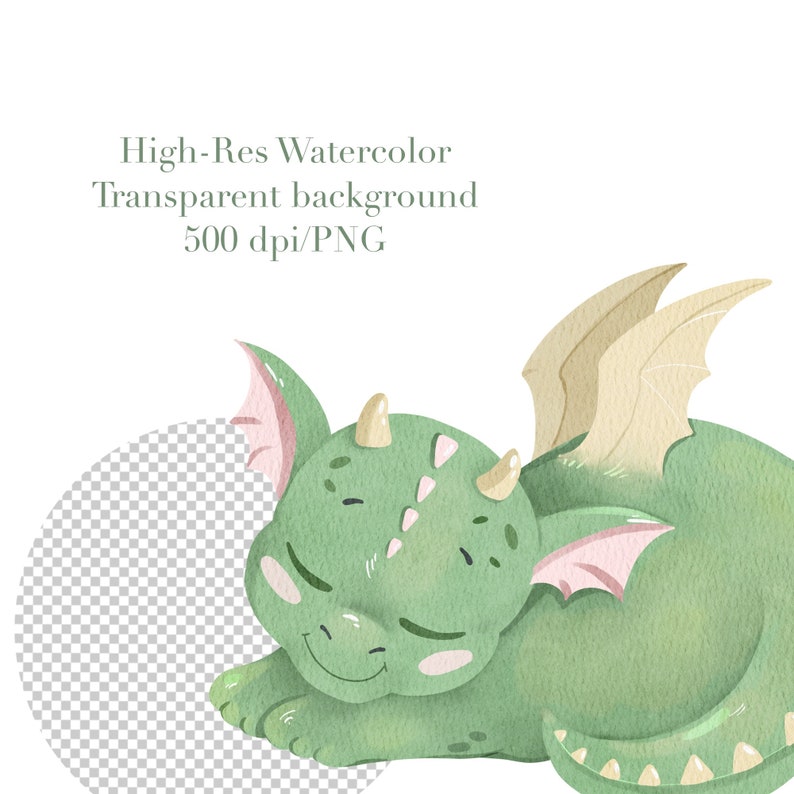 May include: A watercolor illustration of a green dragon with pink ears and yellow wings sleeping on a white background.