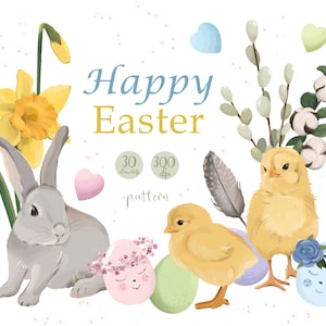 Easter Clipart: Rabbit, Floral, Eggs PNG (Instant Download)