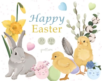 Pasen-clipart: konijn, bloemen, eieren, png (directe download)