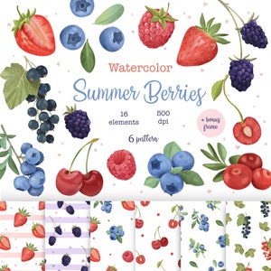 Aquarel zomerbessen clipart, naadloze bessenpatroon, sappige verse bessen clipart, keukendecor, png