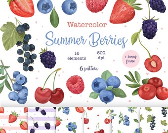 Aquarell Sommer saftige frische Beeren, Clipart: Nahtlose Muster, Küchen Deko (PNG)