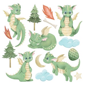 May include: Watercolor illustration of green dragons in various poses, including flying, sleeping, and standing. The illustration also includes a moon, clouds, stars, trees, and a bone.