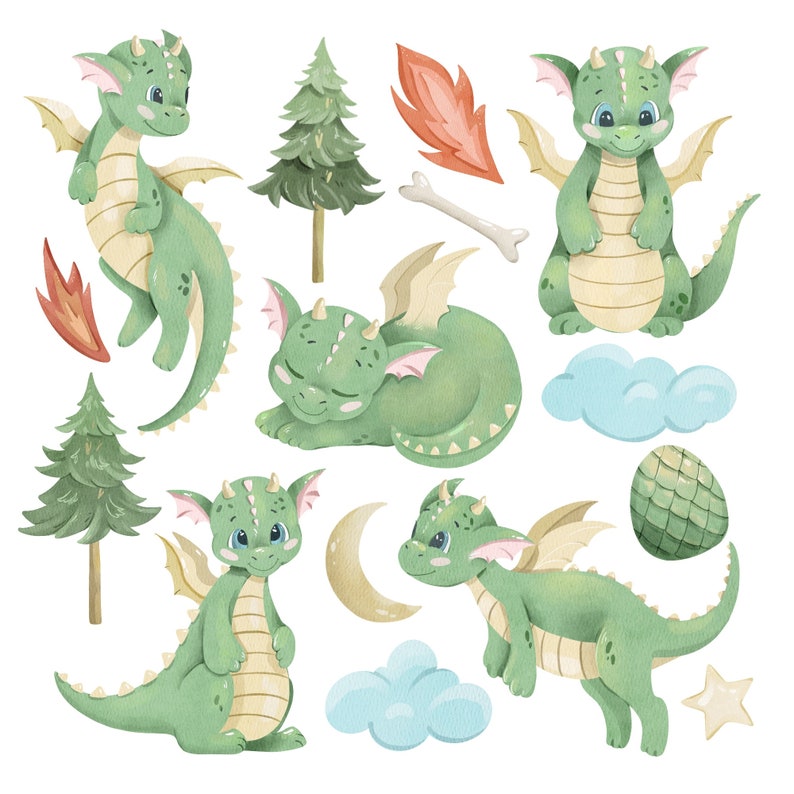 May include: Watercolor illustration of green dragons in various poses, including flying, sleeping, and standing. The illustration also includes a moon, clouds, stars, trees, and a bone.