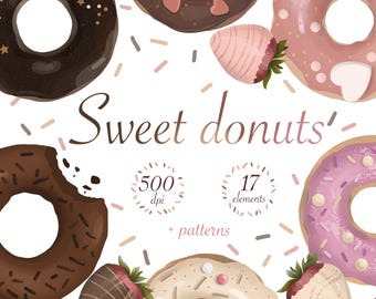 Donut Clipart PNG: Chocolate Strawberry, Bakery Food, Seamless Patterns (Instant Download)