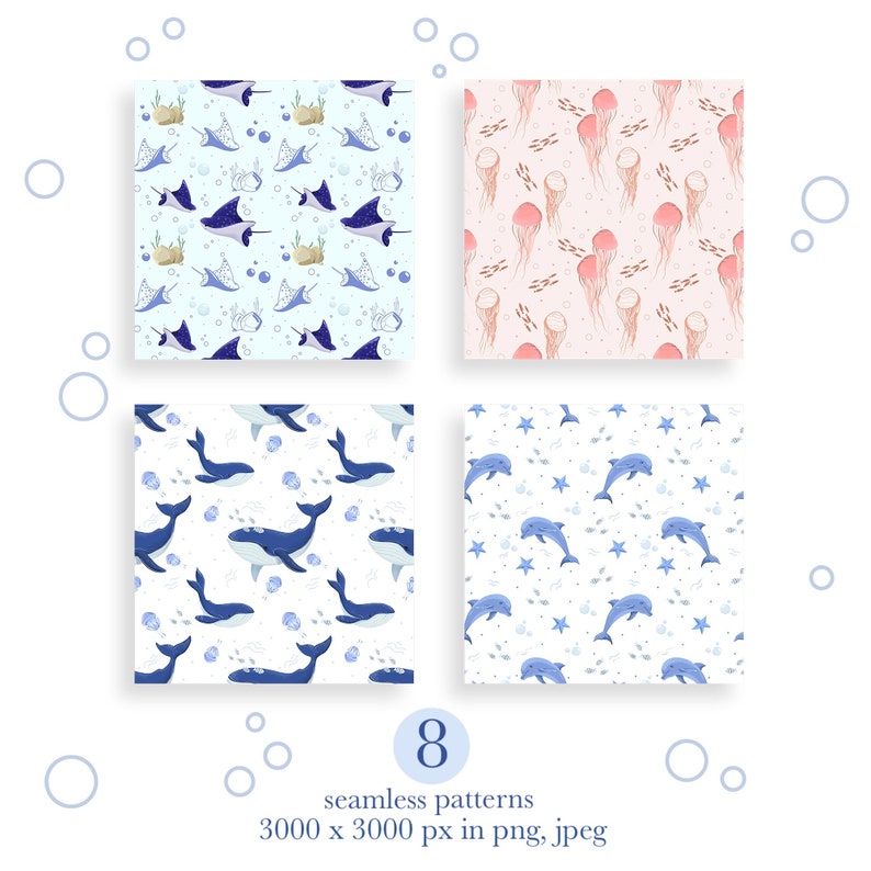 K&ouml;nnte beinhalten: Satz von 8 nahtlosen Mustern mit Unterwasserwesen. Die Muster beinhalten Blauwale, Mantarochen, Quallen, Delfine und Seesterne. Die Muster sind in Blau, Rosa und Wei&szlig; auf wei&szlig;em Hintergrund. Jedes Muster ist 3000 x 3000 Pixel gro&szlig; und in den Formaten PNG und JPEG verf&uuml;gbar.