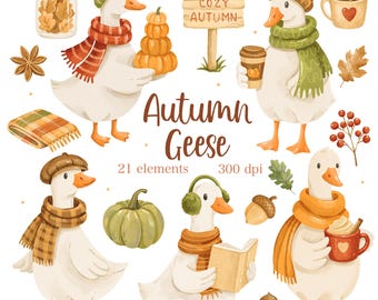 Watercolor Autumn Geese Clipart, Fall Goose PNG, Cozy Pumpkin Graphics, Digital Scrapbooking Design