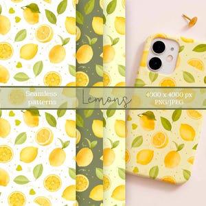 Patrones sin costuras de acuarela de limones, fondo digital de cítricos, JPEG, PNG, patrón de frutas de verano, imágenes prediseñadas para papeles y telas