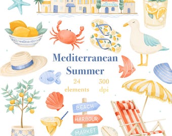 Watercolor Mediterranean Clipart, Coastal Vacation PNG, Amalfi Coast Graphics, Digital Download