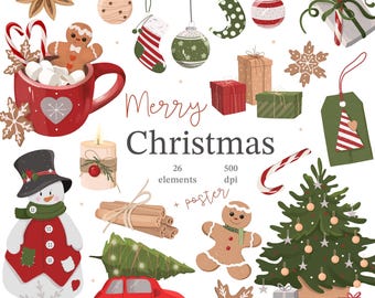 Merry Christmas Clipart Set: Holiday Graphics, Christmas Tree, Ornaments (PNG, JPEG Digital Download)