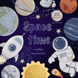 Space Clipart, Solar System PNG, Planets, Earth, Astronaut Spaceship, Rocket, Space printable, Instant Download