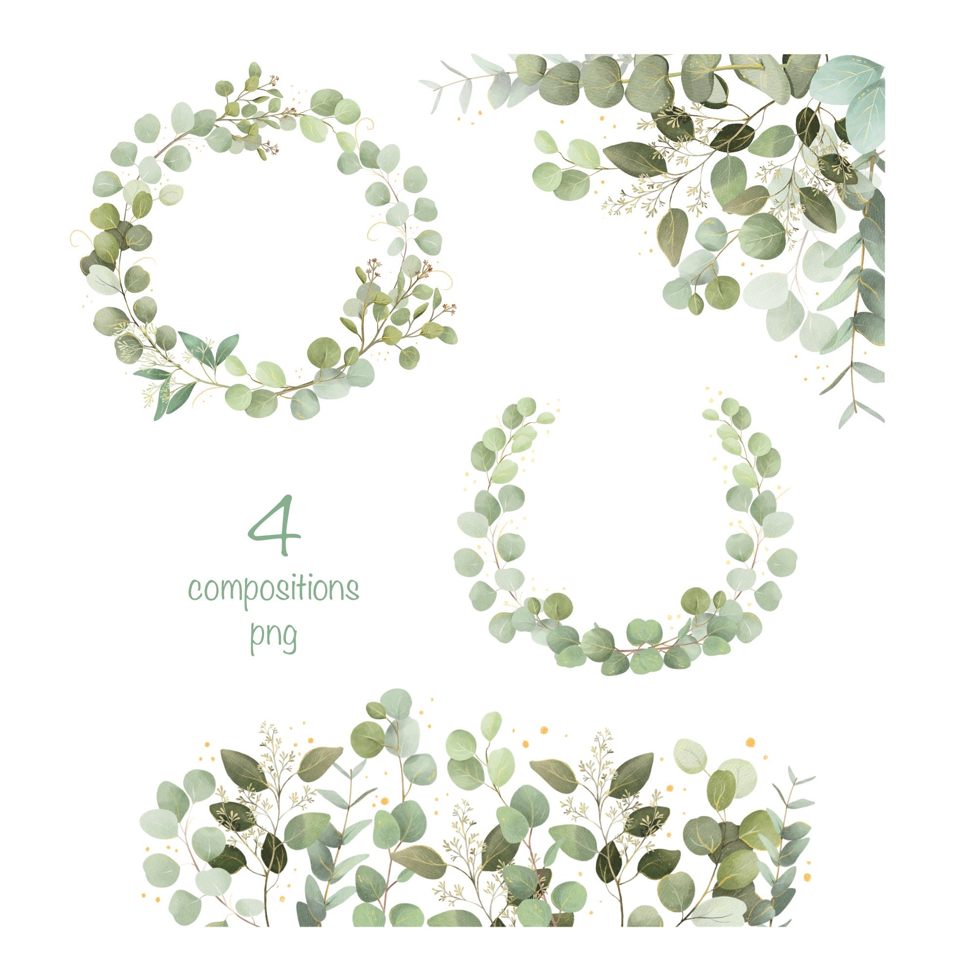 Watercolor Eucalyptus Clipart, Green Leaves Frame PNG, Greenery Set ...