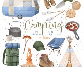 Camping Clipart PNG, Weekend Forest Travel Clipart, Hiking Accessories, Digital Download