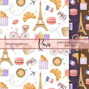 Pode incluir: Padrões sem costura com motivos parisienses. O design inclui a Torre Eiffel, croissants, macarons, bicicletas, café e bandeiras francesas. O texto "Paris my love" também está incluído.
