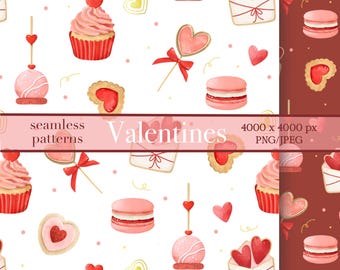Watercolor Valentine Seamless Pattern, Pink Hearts Cupcakes Sweets, Love Digital Paper