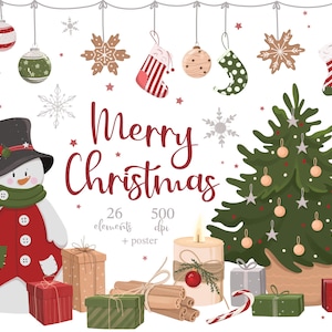 Kerst clipart PNG, wintervakantie clipart, kerst afdrukbare digitale kunst, kersttijd, sneeuwvlok illustraties, kerstboom