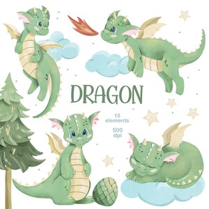 May include: A set of 15 watercolor illustrations featuring cute green dragons in various poses, including flying, sleeping, and holding an egg. The illustrations are perfect for adding a whimsical touch to any project.