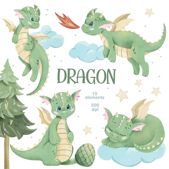 Watercolor Green Dragon Clipart: Fantasy Nursery Art, Mythological Creatures (PNG, Instant Download)