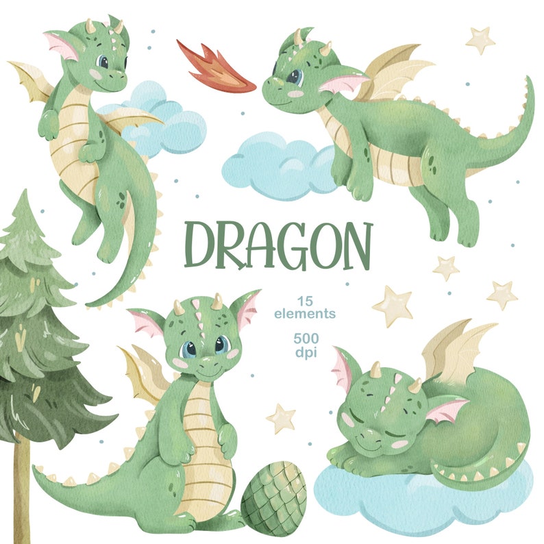 May include: A set of 15 watercolor illustrations featuring cute green dragons in various poses, including flying, sleeping, and holding an egg. The illustrations are perfect for adding a whimsical touch to any project.