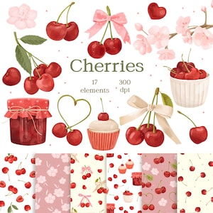 May include: A watercolour illustration of cherries, cherry blossom, and patterns. The image includes a jar of cherry jam, a cupcake, and a heart-shaped design. The word "Cherries" is displayed with the number of elements and DPI.