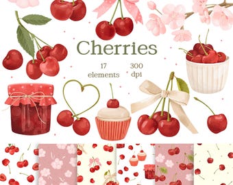 Aquarell Kirsche Clipart: Schleife, Zweig & Nahtlose Muster, Coquette Cherry (Digitaler Download PNG + JPEG)