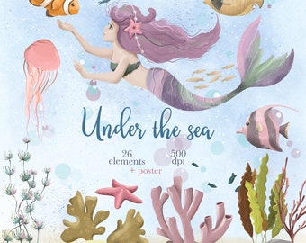 Ocean Animals Clipart: Mermaid, Fish, Seaweed PNG (Instant Download)