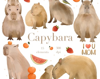 Watercolor Capybara Clipart PNG, Pups, Nursery Decor (Digital Download)