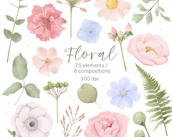 Watercolor Romance Floral Clipart Set: Pastel Flower PNG Illustrations, Botanical Elements (Digital Download)