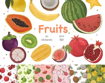 Tropiska frukter Clipart Set: Sommarfruktsort PNG, Sömlösa Mönster (Digital Nedladdning)