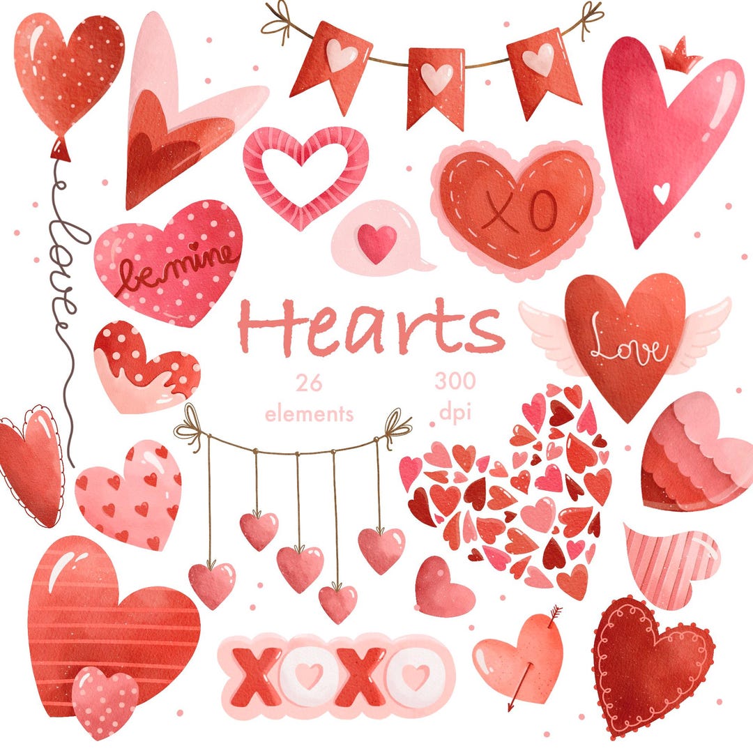 Heart Clipart PNG, Watercolor Hearts, Valentines Day Clipart, Pink ...