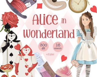 May include: Alice in Wonderland themed digital clipart set with 16 elements, including a Cheshire cat grin, a pocket watch, a playing card queen, a mushroom, a bottle of potion, a cupcake, and Alice in a blue dress.