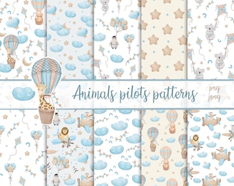Pode incluir: Um conjunto de 8 padrões sem costura com animais fofinhos em balões de ar quente e aviões. Os padrões são em azul, marrom e branco com estrelas, nuvens e pipas. O texto "Animals pilots patterns" está incluído na imagem.