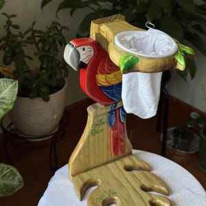 Hand-Painted Wooden Coffee Maker, Red Macaw Parrot, Costa Rica Chorreador