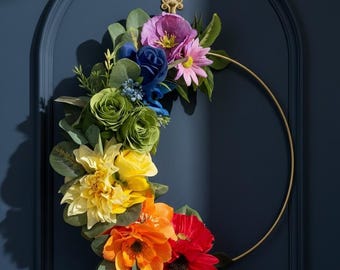 Rainbow Flower Hoop Wreath | Modern Spring Summer Decor | Pride Colorful Front Door Wreath