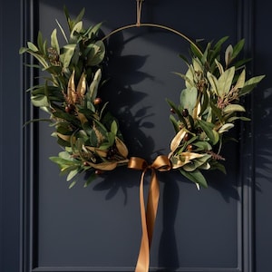 Olive Branch & Eucalyptus Wreath | Autumn Gold Laurel Leaves | Copper Bow, Modern Front Door Decor