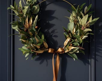 Olive Branch & Eucalyptus Wreath | Autumn Gold Laurel Leaves | Copper Bow, Modern Front Door Decor