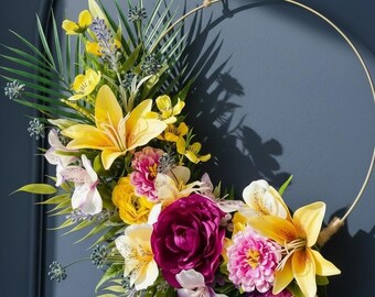 Tropical Floral Hoop Wreath | Yellow Tiger Lily, Purple Ranunculus, Summer Front Door Decor