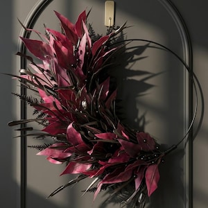 Modern Burgundy Eucalyptus and Black Grasses Halloween Hoop Wreath | Gothic Chic Front Door Decor | Fall Wall Accent