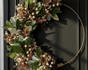 Modern Neutral Eucalyptus Hoop Wreath | Velvet Ribbon | Autumn Decor | Fall Front Door Wreath