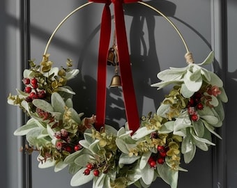 Minimalist Christmas Berry Gold Hoop Wreath | Winter Lambs Ear Holiday Home Decor | Brass Bells