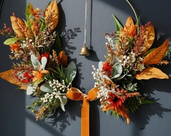Chic Fall Leaves Hoop Wreath | Modern Autumn Front Door Decor | Velvet Ribbon and Brass Bell