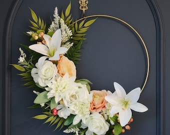 Tropical Floral Hoop Wreath | Summer White Tiger Lily & Rose Summer Front Door Decor |