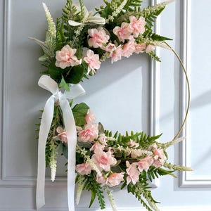 Modern Spring | Summer Pink Cherry Blossom Hoop Wreath | Pink Blossom and Lavender Hoop Wreath for Front Door | Spring Pink Blossom Hoop