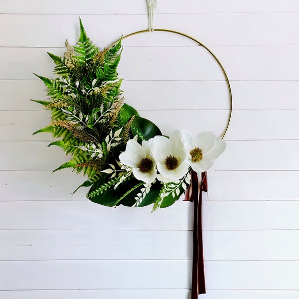 Modern Magnolia Greenery Hoop Wreath | Year Round Magnolia Flower Wreath | Magnolia Wreath for Front Door | Everyday Modern Front Door Hoop