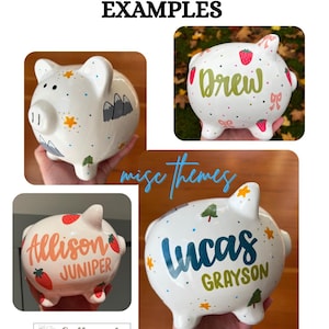 May include: White ceramic piggy banks with custom designs. Examples include banks with names, mountain and tree illustrations, and strawberry accents. The text "CUSTOM DESIGN EXAMPLES" is at the top. The text "Calligraphy with Kait" is at the bottom.