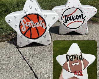 Personalized Sports Piggy Bank: Hand Painted Baseball, Basketball, Football Star