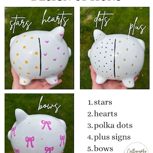 May include: White ceramic piggy banks with various designs: stars, hearts, polka dots, plus signs, and bows. Each bank has a black vertical line down the middle. The text "DESIGN OPTIONS" is at the top.