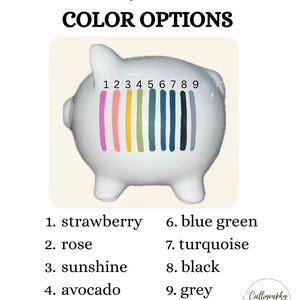 May include: A white ceramic piggy bank with a color palette of nine options: strawberry, rose, sunshine, avocado, evergreen, blue green, turquoise, black, and grey. The text reads "TEXT/DESIGN COLOR OPTIONS".